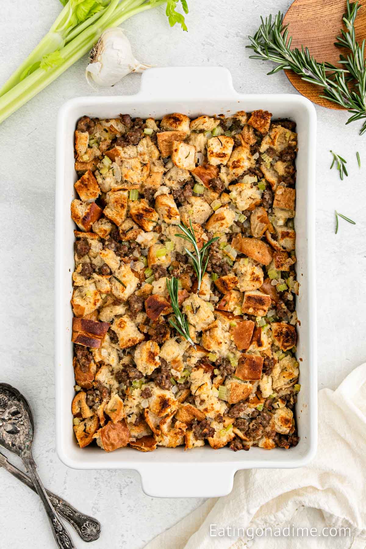 Cooked sausage stuffing in a baking dish