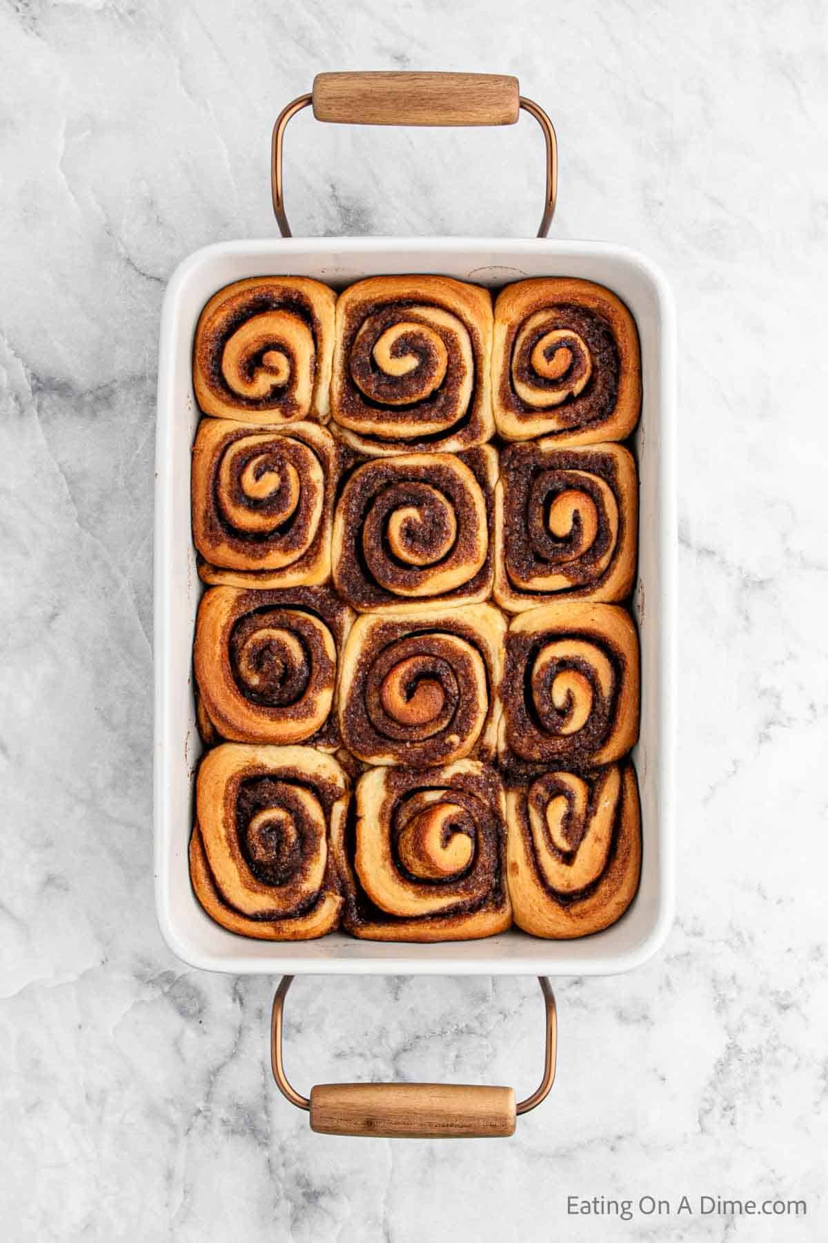 Baked cinnamon rolls in a casserole dish