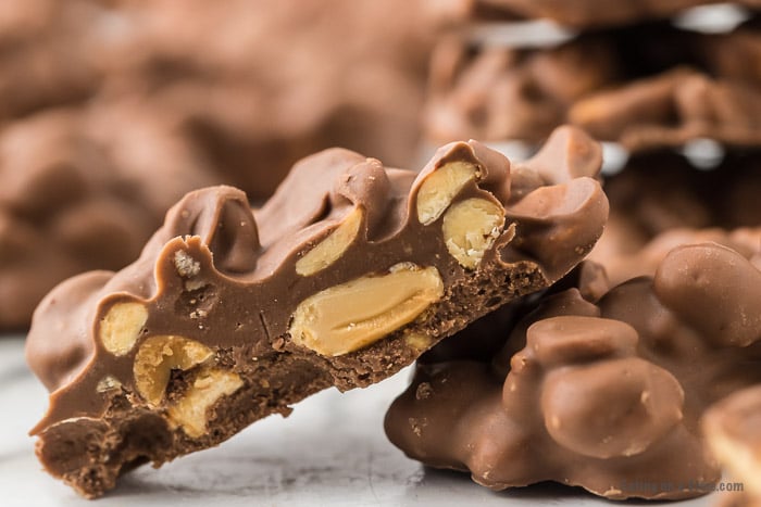 Close up image of chocolate peanut clusters. 