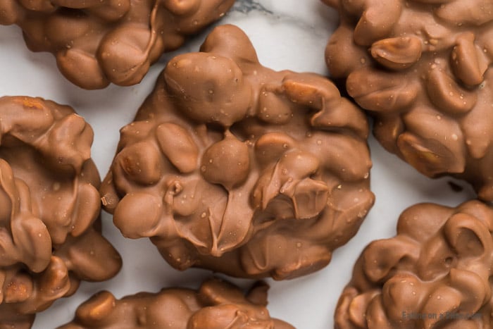 Close up image of chocolate peanut clusters. 
