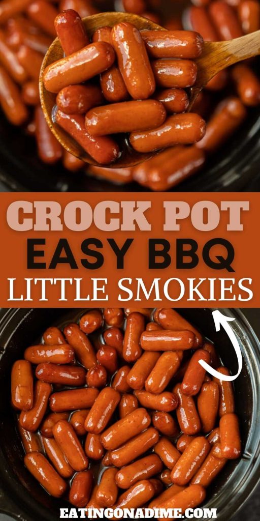 Try Crockpot bbq little smokies with grape jelly for a quick and easy appetizer idea without any work. With just 3 simple ingredients, this recipe is super easy and everyone loves this simple little smokies recipe.  #eatingonadime #crockpotrecipes #appetizerrecipes #appetizers 
