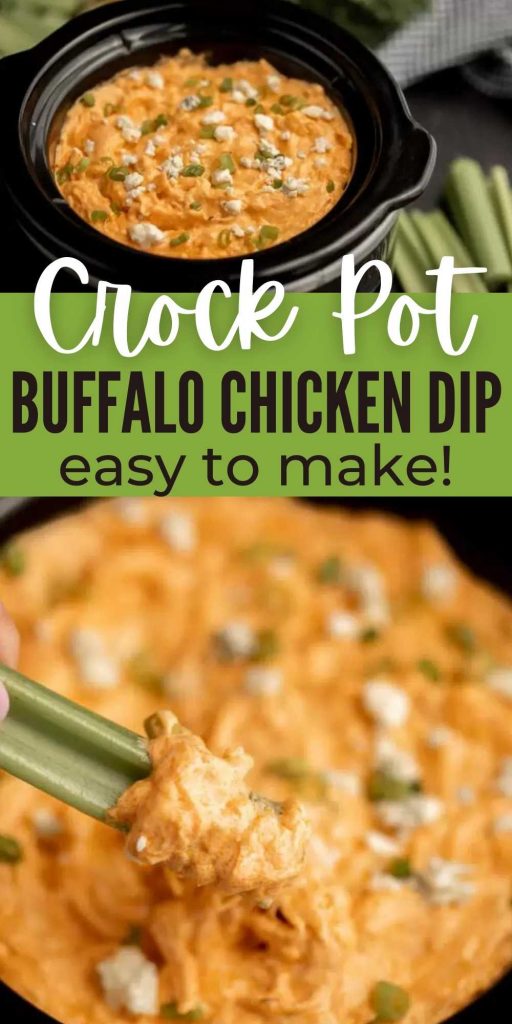 This Crockpot Buffalo Chicken Dip is packed with great flavor and easy to make in the slow cooker! It is perfect for Game Day and more. This buffalo chicken dip is made with cooked chicken and you can use canned chicken too.  Everyone will love this simple 5 ingredient dip recipe.  #eatingonadime #diprecipes #crockpotrecipes #buffalorecipes #slowcookerrecipes 
