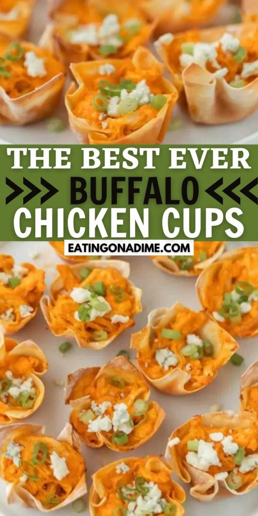 If you love buffalo sauce and cream cheese, you are going to love these buffalo chicken wonton cups! Buffalo Chicken Wontons are easy to make and the perfect appetizer for game day or any party! #eatingonadime #appetizerrecipes #buffalorecipes #wontonrecipes 
