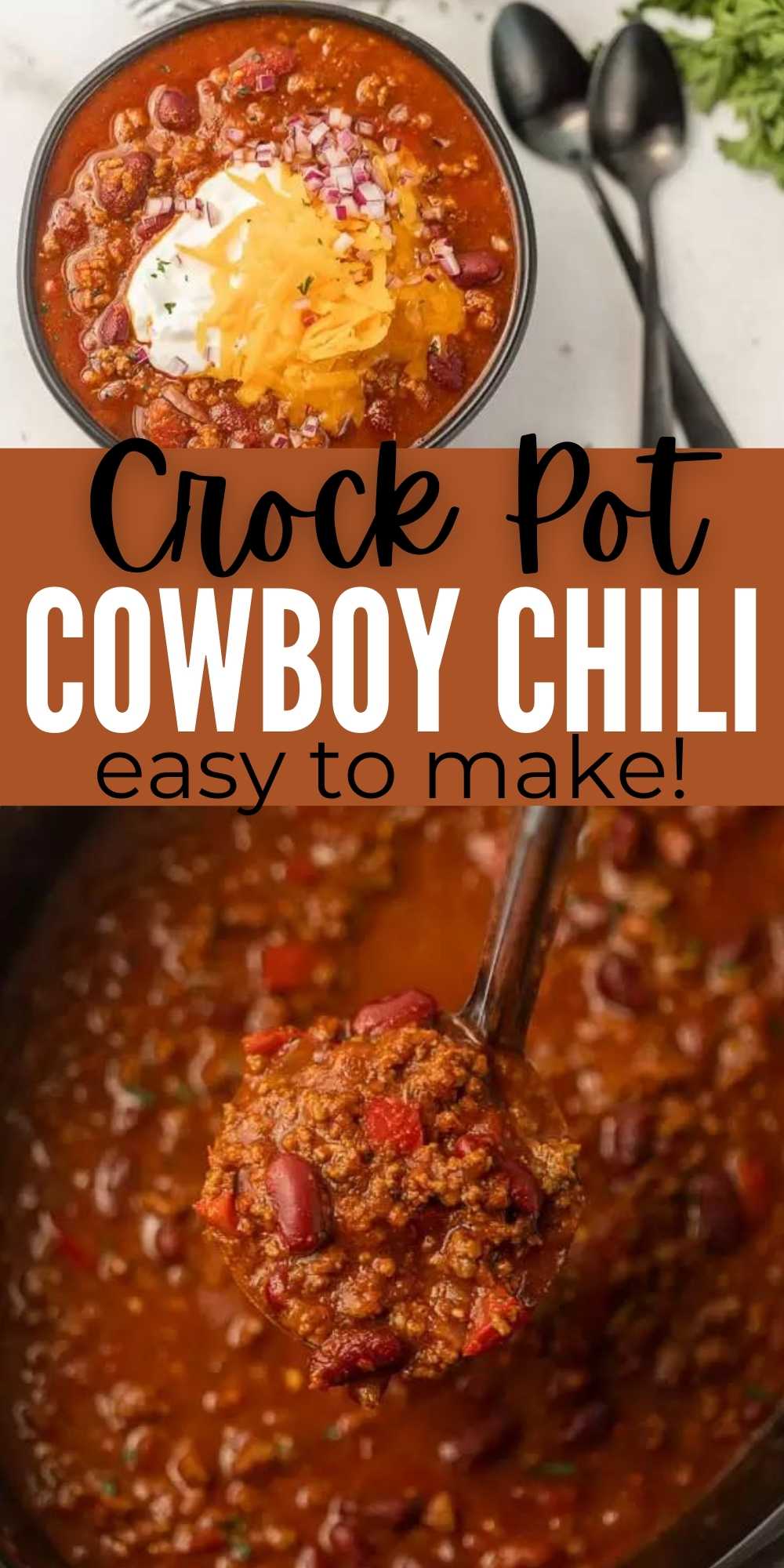 Crock Pot Cowboy Chili is loaded with hearty beef, beans, tomatoes and more. Each bite is flavorful in this family friendly meal. Everyone will love this easy to make Slow Cooker Cowboy Chili Recipe that is packed with flavor! #eatingonadime #chilirecipes #crockpotrecipes #slowcookerrecipes 
