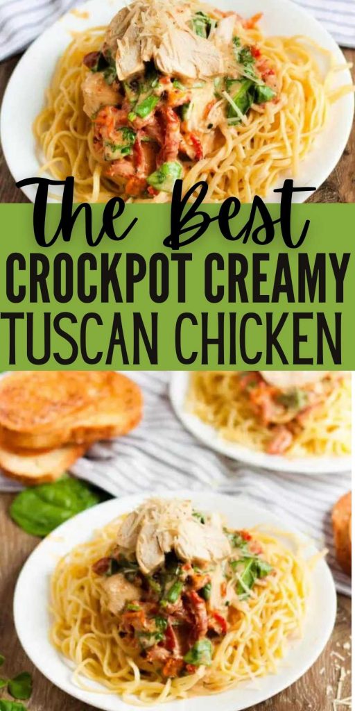 Crock Pot Creamy Tuscan Chicken is rich and creamy in every bite. With just a few ingredients, you can prepare Slow cooker Creamy Tuscan chicken recipe. This Creamy Tuscan Chicken with pasta is a delicious and easy to make slow cooker recipe! #eatingonadime #crockpotrecipes #slowcookerrecipes #chickenrecipes 
