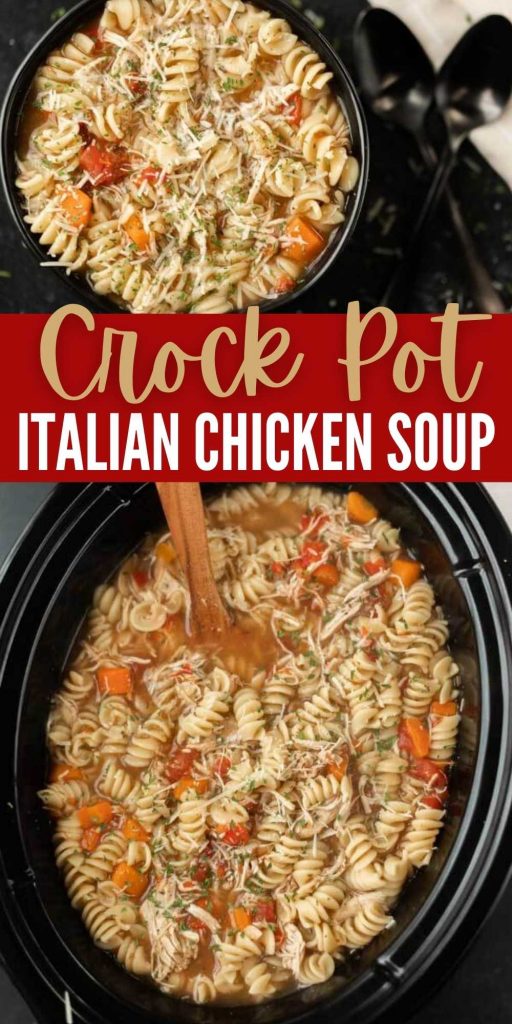 Crock Pot Italian Chicken soup recipe is a tasty and easy meal everyone will enjoy. Slow Cooker Italian Chicken Soup is filling and healthy. Crock Pot Italian Chicken Tomato Soup with pasta is simple to make and packed with tons of flavor too!  #eatingonadime #crockpotrecipes #slowcookerrecipes #souprecipes #chickenrecipes 
