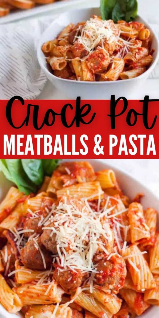 If you need an easy dinner idea, try crock pot meatballs and pasta. It only has 4 ingredients and the crock pot does all the work!  Crock pot pasta with meatballs is EASY TO MAKE and family friendly as well.  You are going to love this simple slow cooker meatball recipe.  #eatingonadime #crockpotrecipes #meatballrecipes #slowcookerrecipes 
