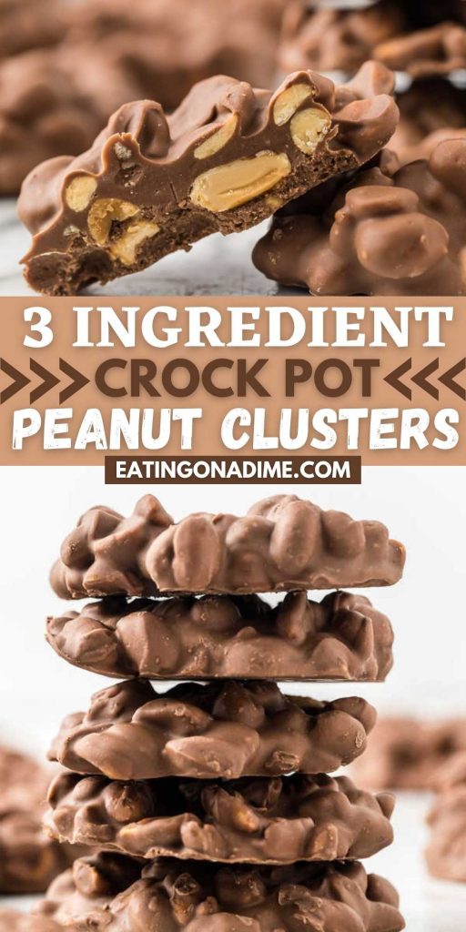 These crock pot peanut clusters are easy to make with only 3 ingredients.  This peanut clusters are simple and perfect for the holidays or for gifts too!  You’ll love these easy to make slow cooker peanut clusters.  #eatingonadime #chocolaterecipes #crockpotdesserts #clusters #easydesserts 
