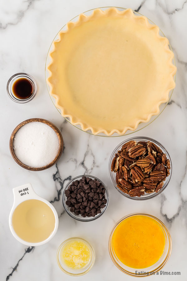 Close up image of ingredients for Chocolate Pecan Pie. 