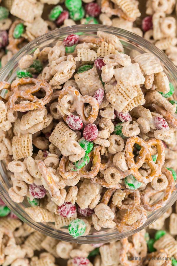 Close up image of Christmas Chex in a bowl. 