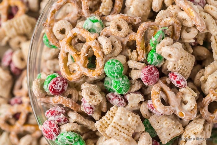 Close up image of Christmas Chex Mix in a bowl. 