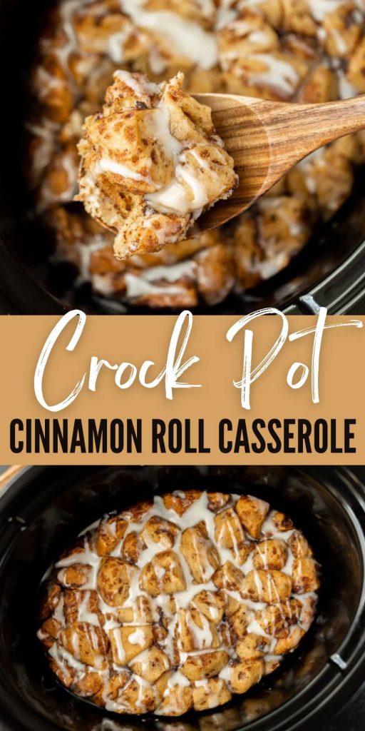 This is the best quick and easy Crock pot Cinnamon Roll Casserole. It is the perfect breakfast casserole to throw together in minutes. This simple slow cooker cinnamon roll casserole is easy to make with canned biscuits and everyone loves it! #eatingonadime #breakfastrecipes #cinnamonrecipes #crockpotrecipes #slowcookerrecipes 

