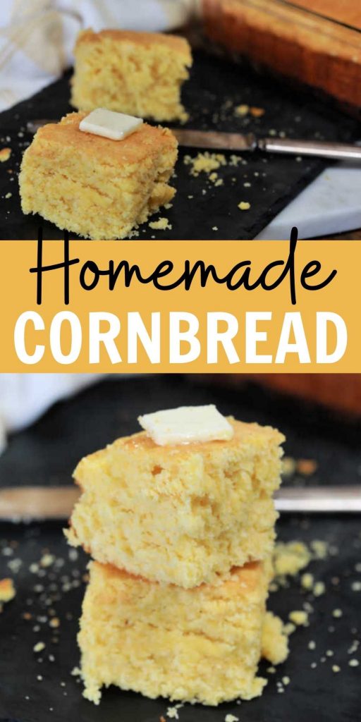 This is a simple and easy homemade cornbread recipe. Learn how to make cornbread from scratch that is moist and sweet. You won't believe how easy is it to make homemade cornbread that is made in one bowl and ready in under 30 minutes! #eatingonadime #cornbreadrecipes #sidedishrecipes #breadrecipes 
