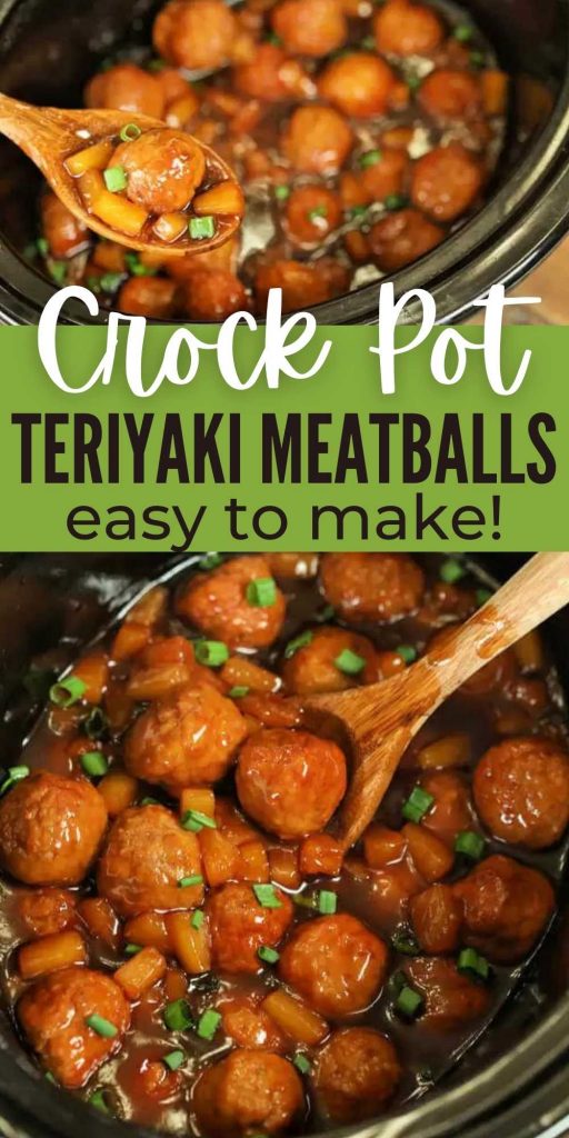 We have the perfect recipe for family dinner, game day and more. Slow Cooker Teriyaki Meatballs Recipe is sweet and savory and easy with just 4 ingredients. You will love these crock pot teriyaki meatballs with pineapple!  It’s easy to make and delicious too.  #eatingonadime #crockpotrecipes #slowcookerrecipes #meatballrecipes #teriyakirecipes 
