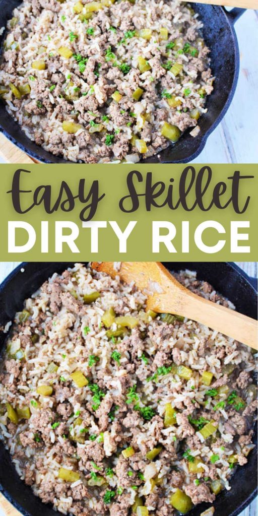 This easy Dirty Rice Recipe is simple and perfect for busy weeknights. This one pot rice recipe with ground beef is delicious and filled with beef and veggies! This is the best one-pot dinner and can be made with pork, chicken or shrimp too! #eatingonadime #ricerecipes #skilletrecipes #beefrecipes 
