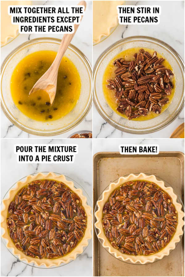 Close up image of the process of making Chocolate Pecan Pie. 