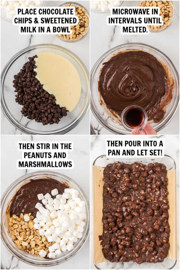 4 photos showing the process of making the fudge. First, you melt the chocolate with the sweetened condensed milk. Then add the peanuts and marshmallows. The last picture shows the mixture in a baking pan. 
