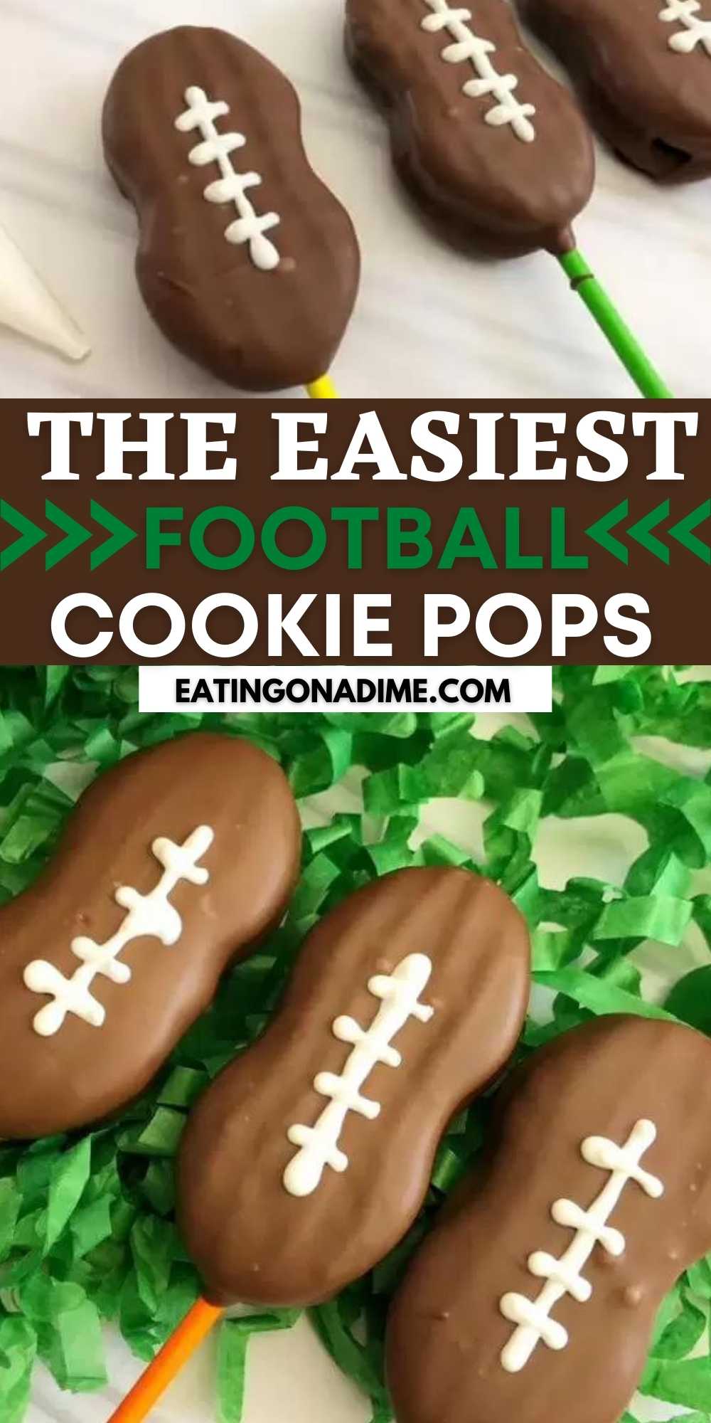 These football cookie pops will be great to serve for your next game day party. They are easy to make and they will be hit at your next party! These easy cookie pops decorated to look like footballs are adorable and easy to make with Nutter Butters.  #eatingonadime #cookierecipes #gamedayrecipes #footballrecipes 
