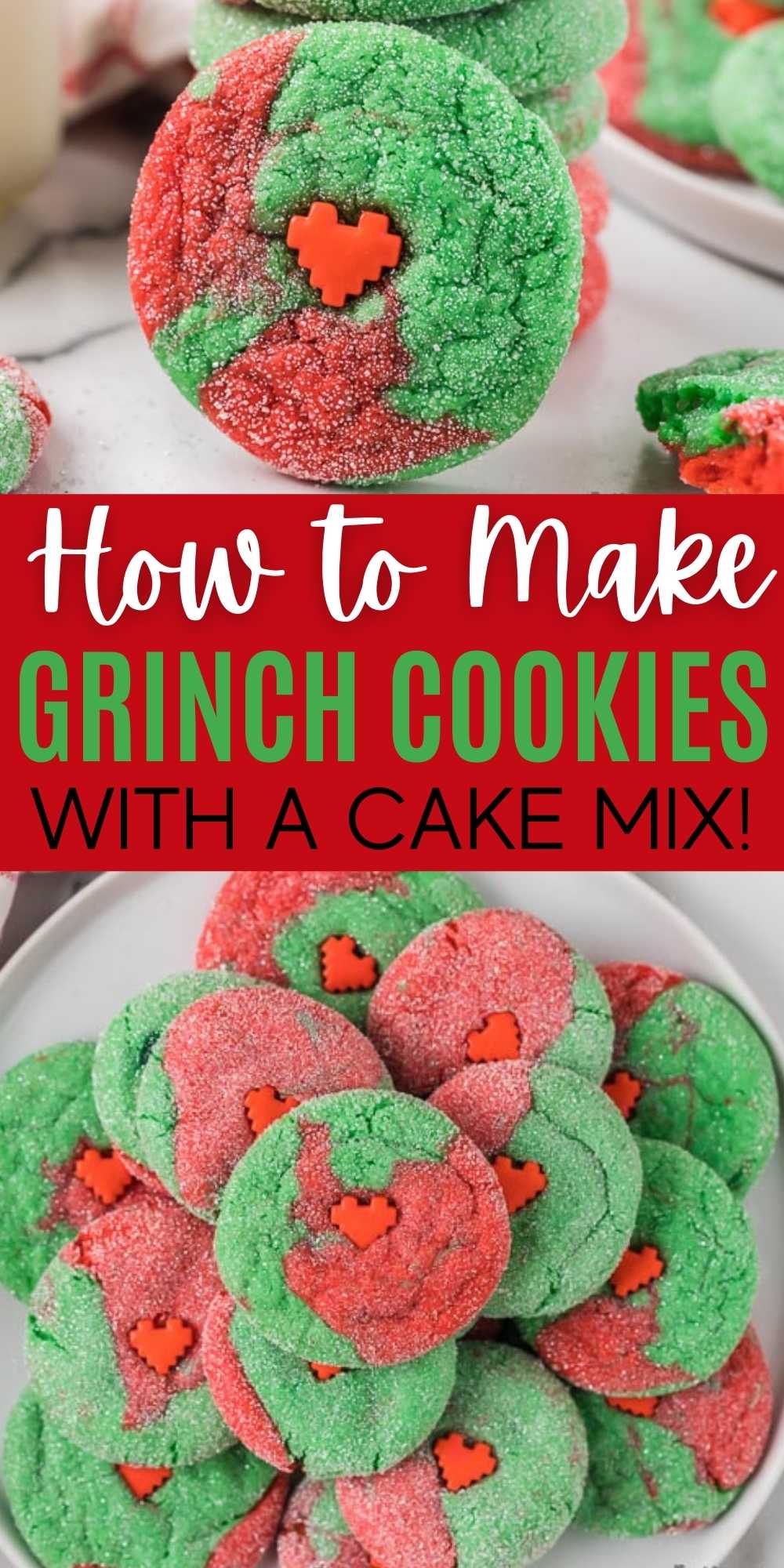Learn how to make fun and easy Grinch Cookies Recipe. Grinch Cookies cake mix recipe is easy to make and delicious too.  These simple grinch cookies are simple to make and festive for Christmas!  #eatingonadime #cookierecipes #cakemixcookies #holidaydesserts #christmasdesserts 

