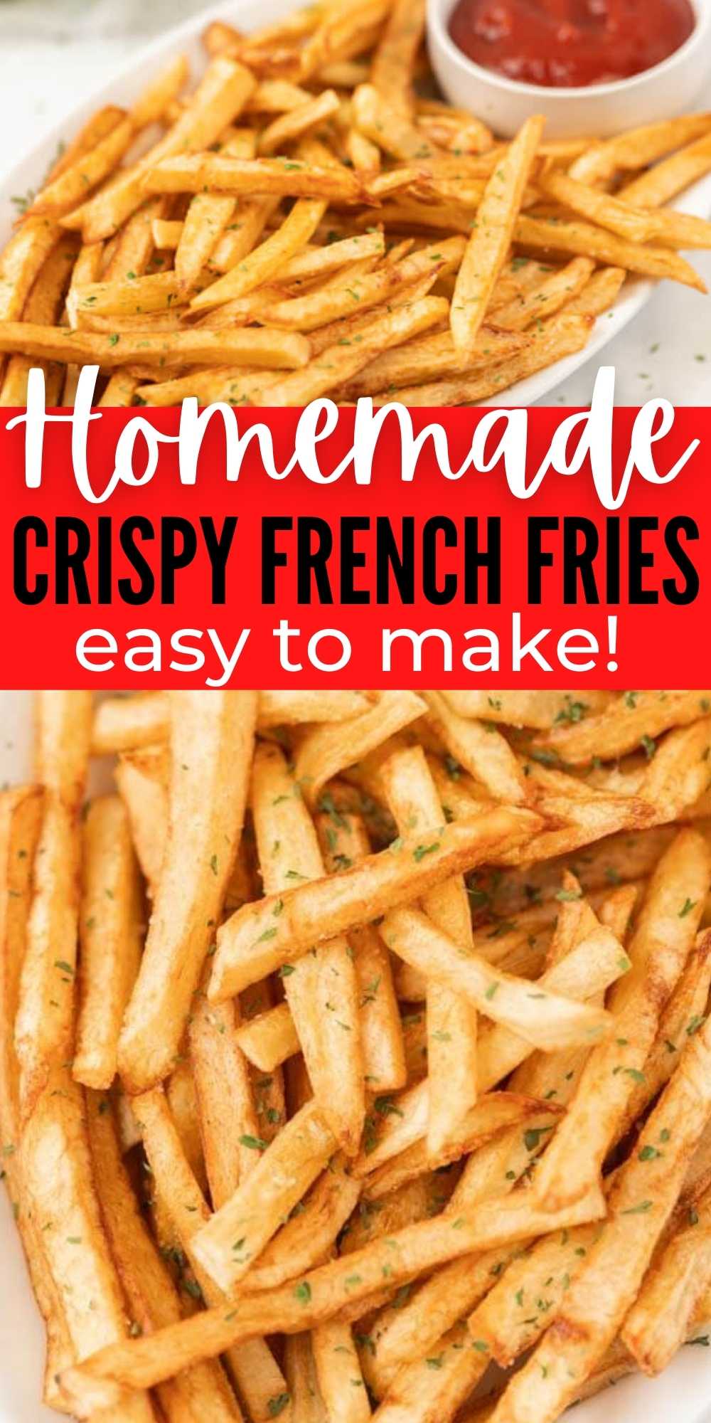 Easy Homemade Crispy French Fries is a quick, fresh recipe that are so easy to make with just a few ingredients. Homemade French fries are delicious and simple to make too!  #eatingonadime #frenchfries #sidedishrecipes #friedrecipes 
