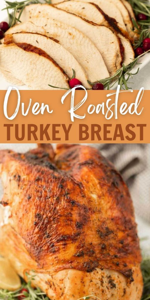 Check out this easy oven roasted turkey breast recipe! This recipe makes a juicy, delicious bone-in turkey breast every time and the skin is crispy too! This bone-in roasted turkey breast is perfect for your next holiday dinner! #eatingonadime #turkeyrecipes #holidayrecipes #bakingrecipes 
