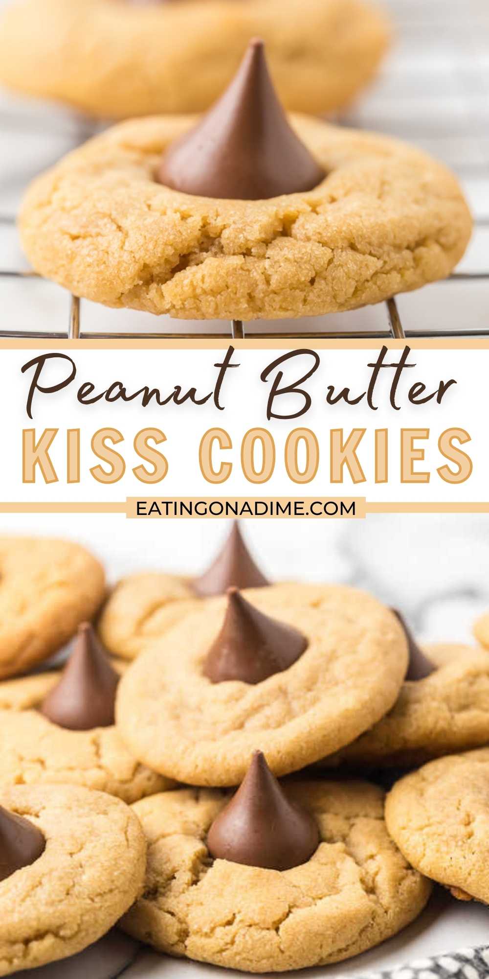 These Peanut Butter Kiss Cookies are fun to make and taste delicious.  You'll be surprised by how easy these are and everyone will love them! This Peanut Butter Kiss Cookies recipe are the best Christmas cookie recipe! #eatingonadime #cookierecipes #holidayrecipes #dessertrecipes 
