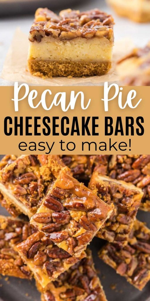 If you love pecan pie and cheesecake, you are going to love this delicious and easy to make pecan pie cheesecake bars recipe that is perfect for Thanksgiving or Christmas.  This is one of my favorite easy cheesecake bar recipes for Thanksgiving or Christmas! #eatingonadime #pecanpierecipes #cheesecakerecipes #pierecipes 
