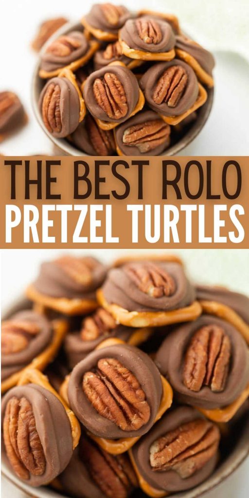 Pecan Rolo Pretzels - One of the easiest desserts you'll ever make! A pretzel topped with a chocolate Carmel Rolo and a crunchy delicious pecan!  Everyone loves pretzels with rolls and pecans! These 3 ingredients Pecan Rolo Turtles are easy to make and delicious too!  #eatingonadime #chocolate #caramel #turtle #candy #pretzels 

