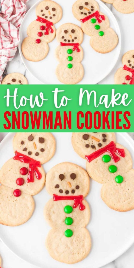 Looking for a fun cookie recipe? Make these snowman cookies with your kids. They are quick and the kids love making them in the kitchen. With only 5 ingredients these cookies are easy to make and so festive too!  #eatingonadime #cookierecipes #christmasrecipes #holidayrecipes #snowmancookies 
