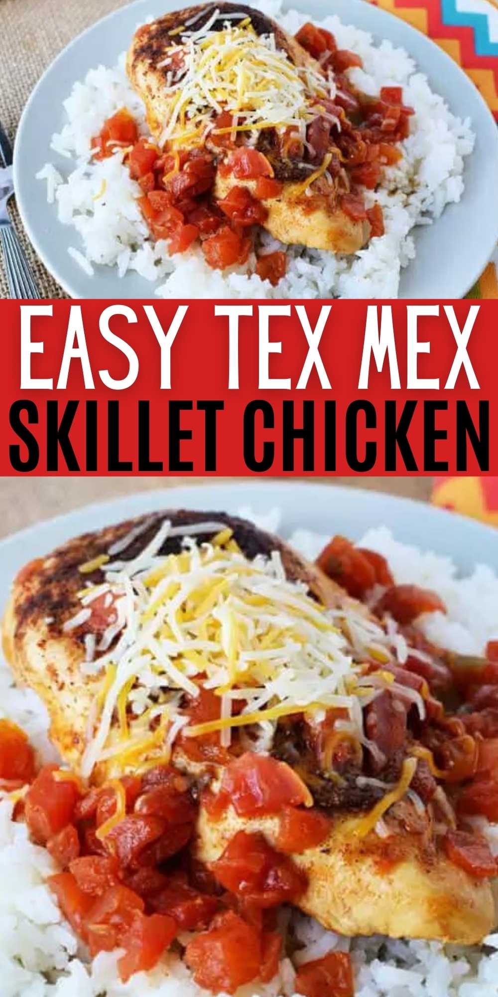 Tex Mex Chicken Skillet Recipe is so easy to make and has tons of southwestern flavor.  Enjoy with rice for a quick meal in 20 minutes your family will love. This easy Mexican chicken is a delicious one pot meal that the entire family will love.  #eatingonadime #chickenrecipes #skilletrecipes #mexicanrecipes 
