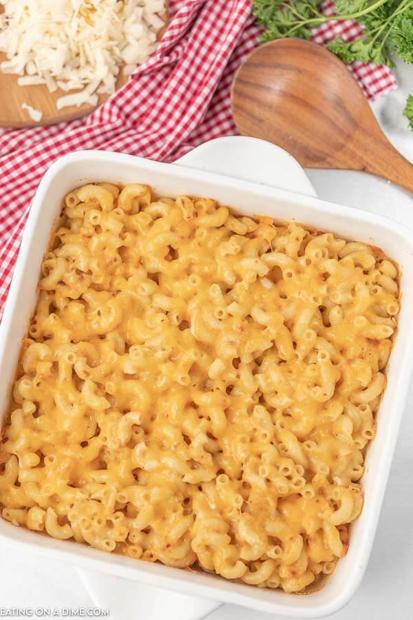 Close up image of an 8x8 pan of mac and cheese. 