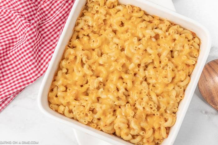 Close up image of a 8x8 pan of mac and cheese. 