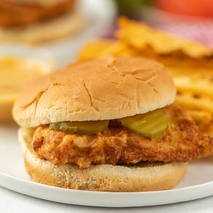 Copycat chick fil a sandwich on plate. 