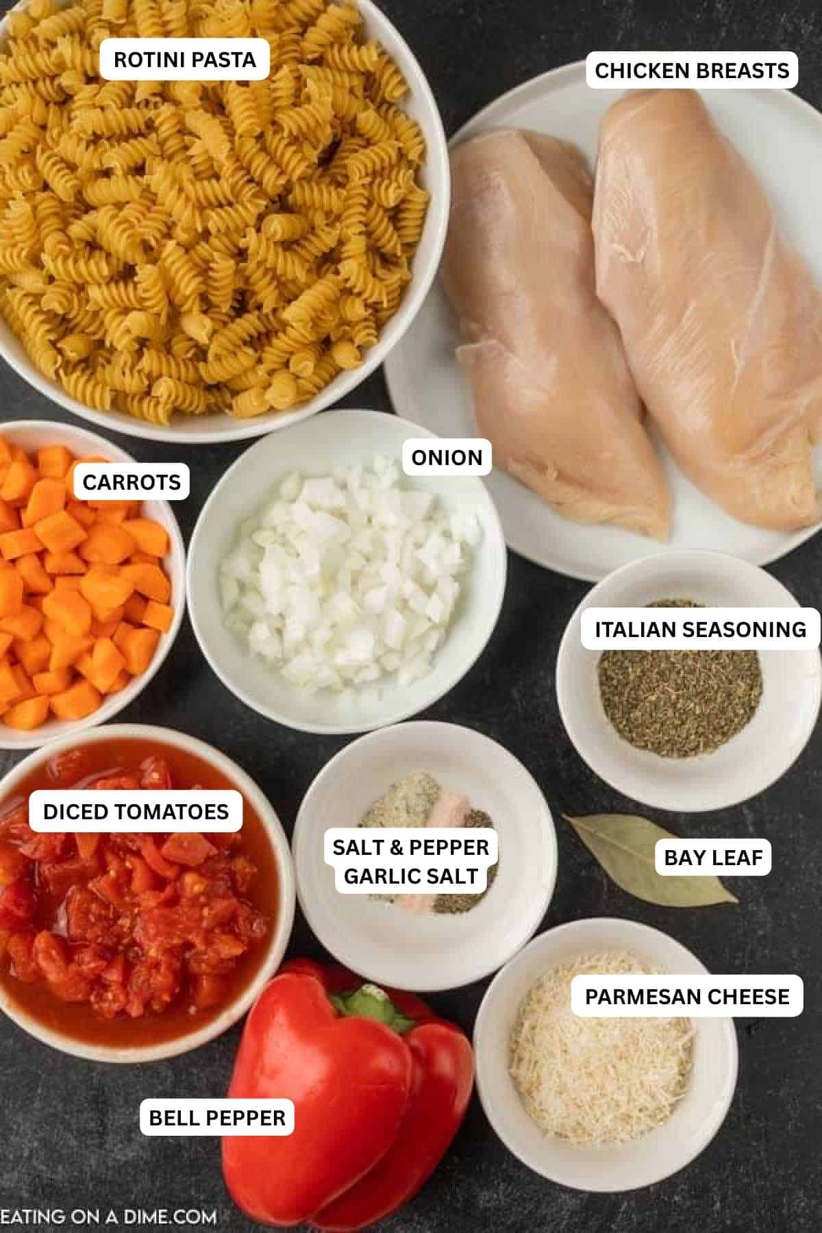 Crock Pot Italian Chicken soup recipe is a tasty and easy meal everyone will enjoy. Slow Cooker Italian Chicken Soup is filling and healthy. Ingredients for cp Italian chicken soup: chicken, onion, diced tomatoes, bell pepper, carrots, Italian seasoning, garlic salt, bay leaf, salt, pepper, chicken broth, rotini and parmesan cheese.