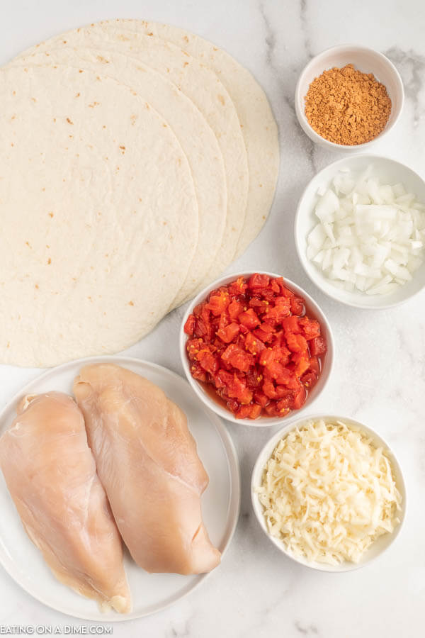 Ingredients needed for Slow Cooker Chicken Quesadilla - chicken, diced tomatoes, taco seasoning, onion, flour tortillas, monterrey jack cheese.