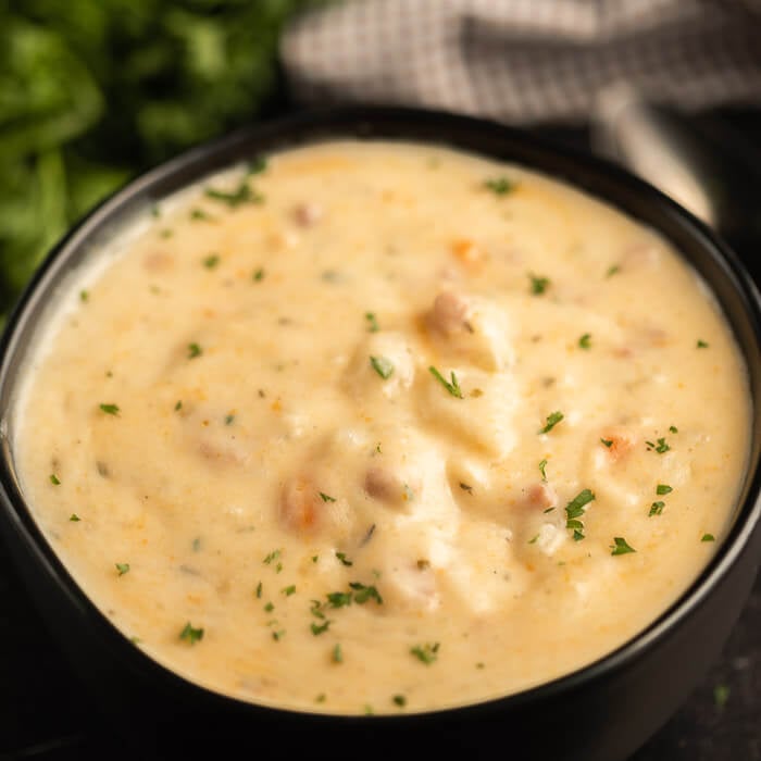 Bowl of ham and potato soup.