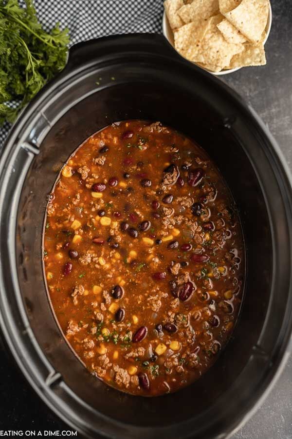 Close up image of taco soup in a crock pot. 