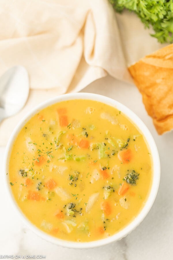 Close up image of creamy vegetable soup in a white bowl. 