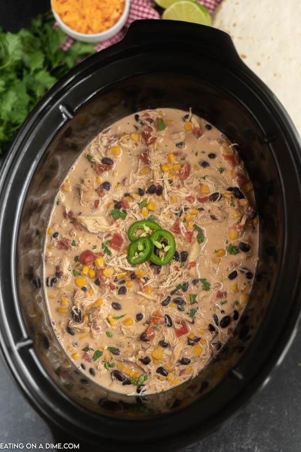 Close up image of fiesta chicken in the crock pot. 