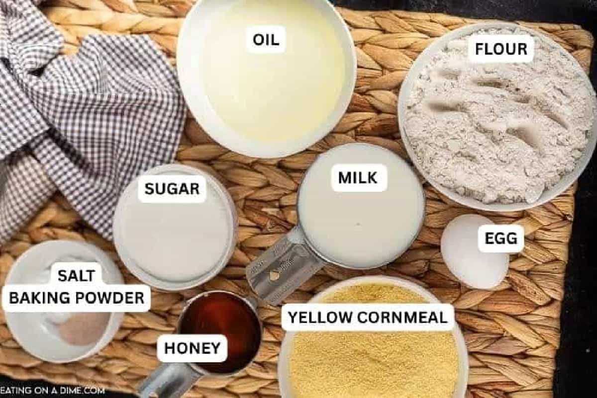 The ingredients needed to make honey cornbread.