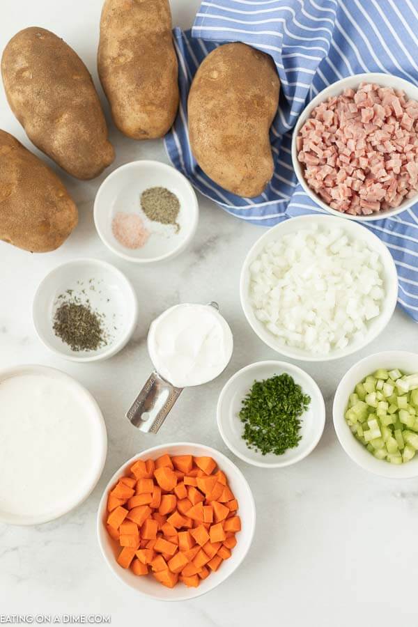 Ingredients for recipe: potatoes, ham, seasoning, onion, carrots, celery, heavy cream. 