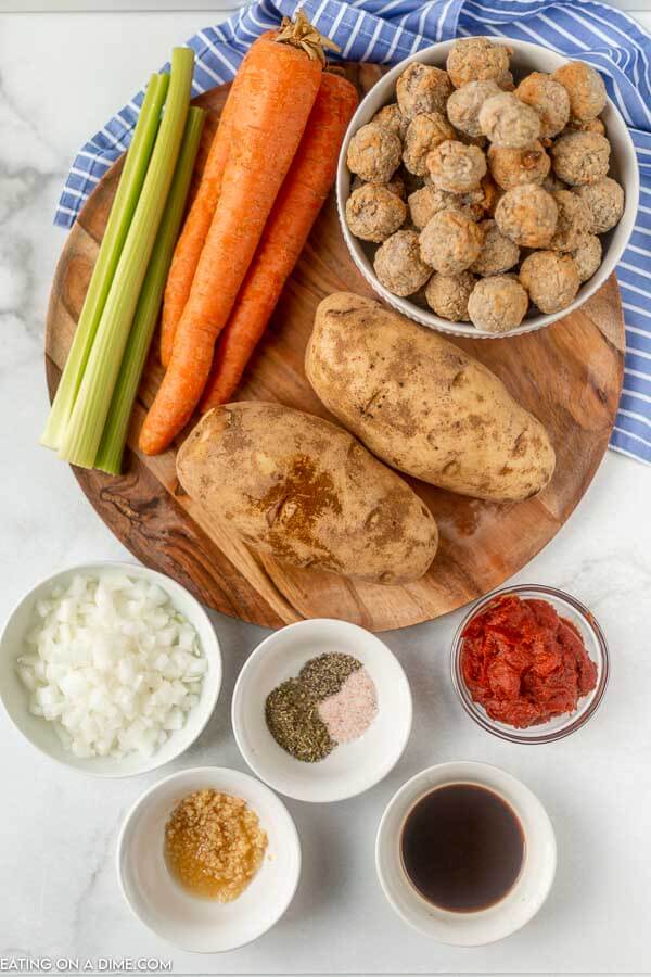 Ingredients needed for Meatball Stew - Frozen meatballs, onion, celery, carrots, potatoes, minced garlic, tomato paste, Worcestershire sauce, salt and pepper, italian seasoning, beef broth