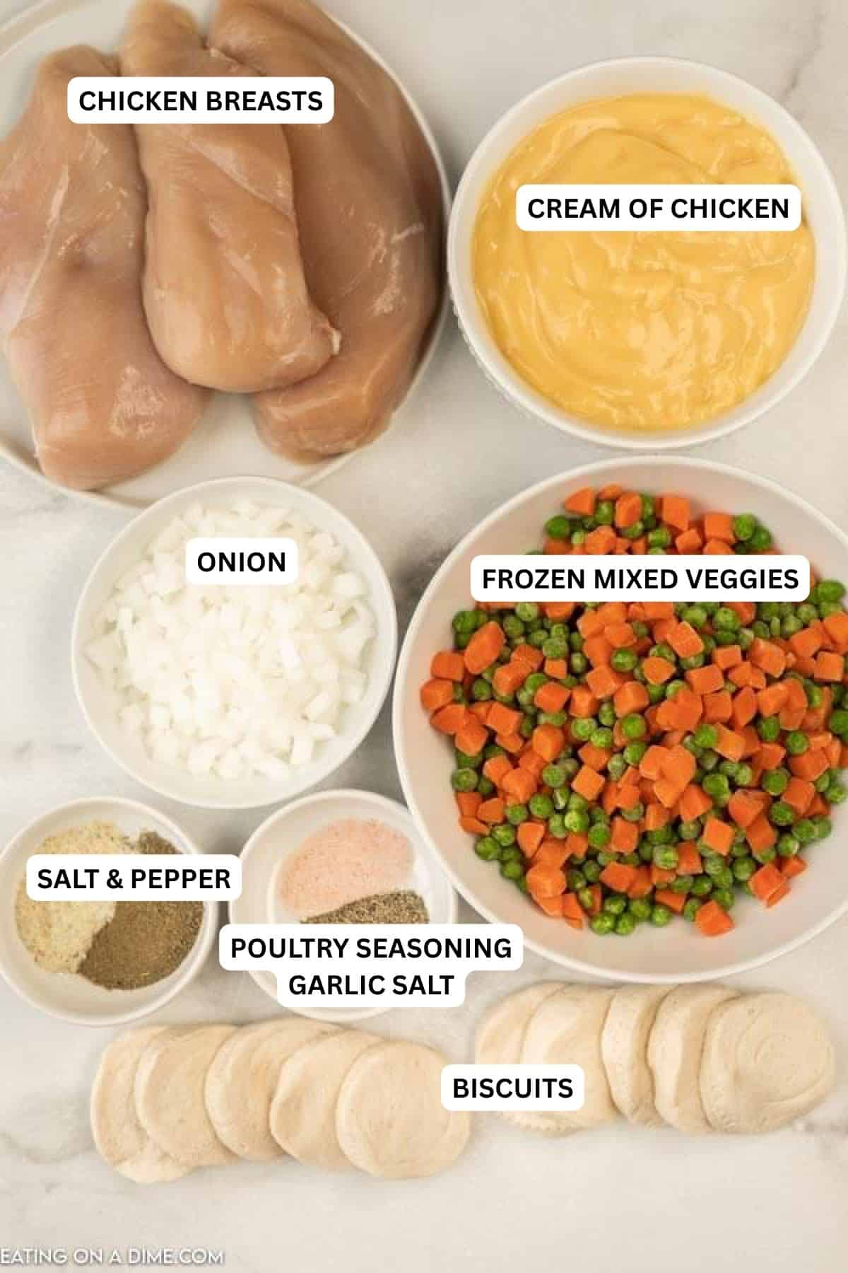 Ingredients for recipe - chicken breasts, cream of chicken, onion, frozen mixed vegetables, salt and pepper, poultry seasoning, garlic salt, biscuits.