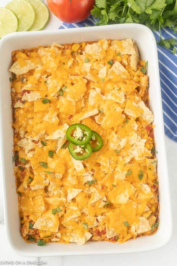 Nacho Chicken Casserole Recipe in a white baking dish. 