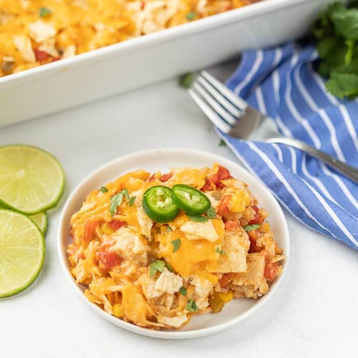 Nacho Chicken Casserole  in a white plate.