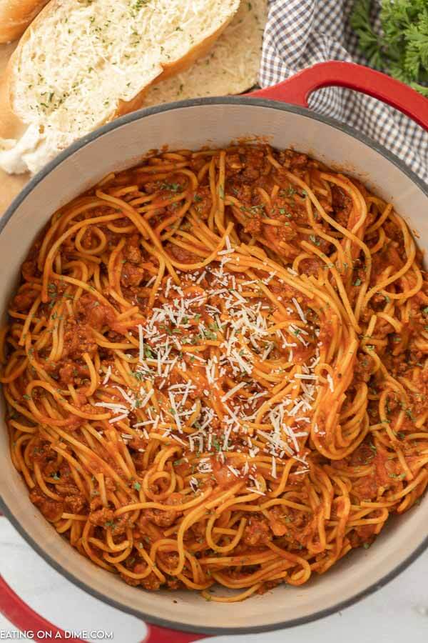 Close up image of a pot of spaghetti. 