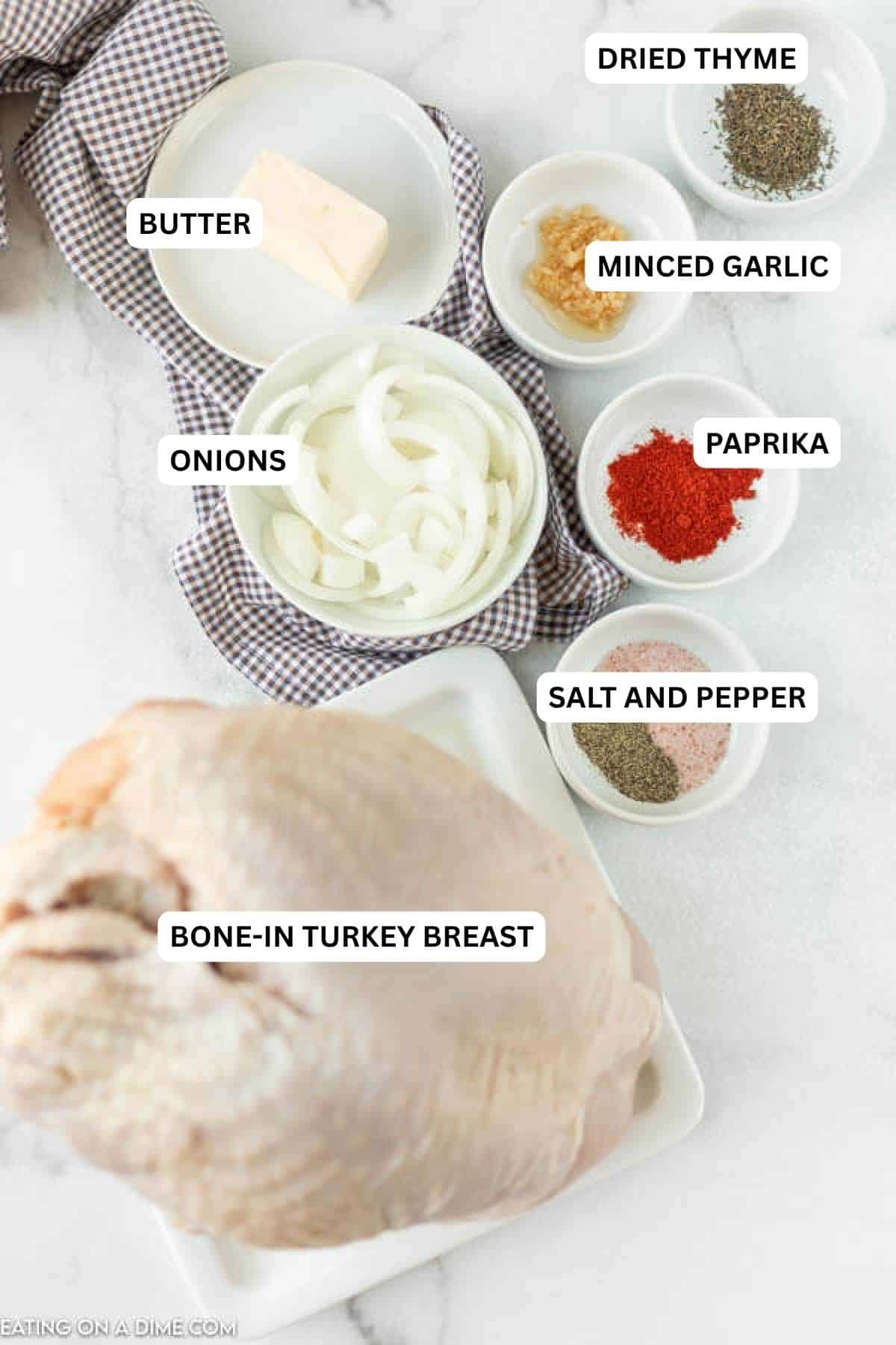 Ingredients for recipe: turkey breast, salt, pepper, onions, paprika, minced garlic, butter and thyme.