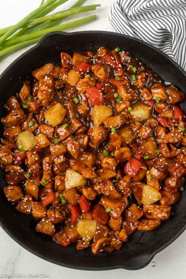 Skillet of pineapple chicken recipe.