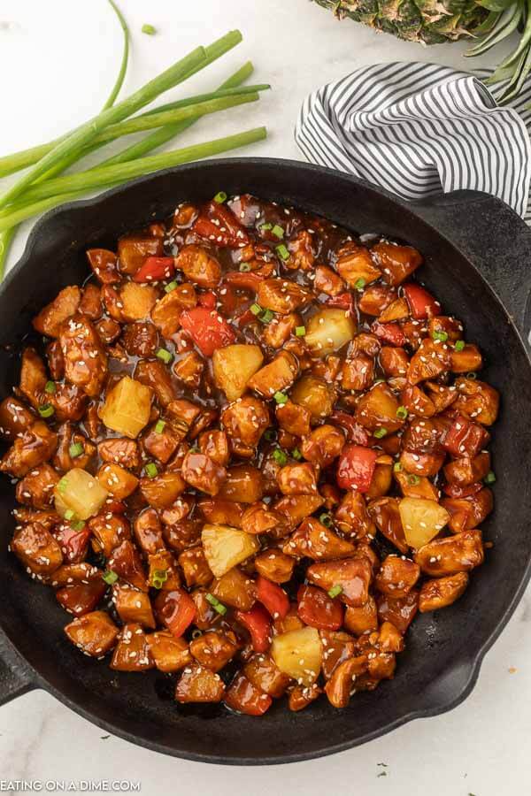 Skillet of pineapple chicken recipe.