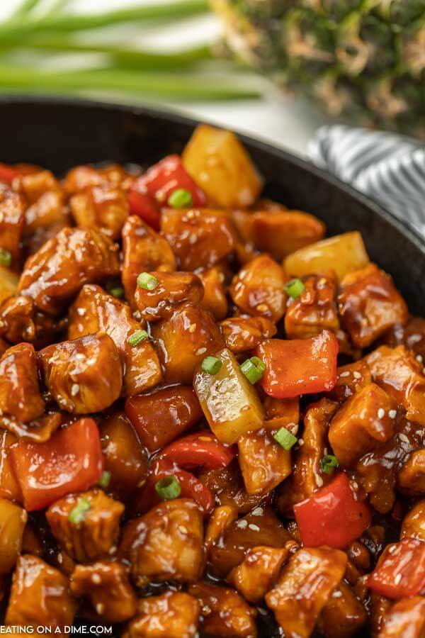 Skillet of pineapple chicken recipe.